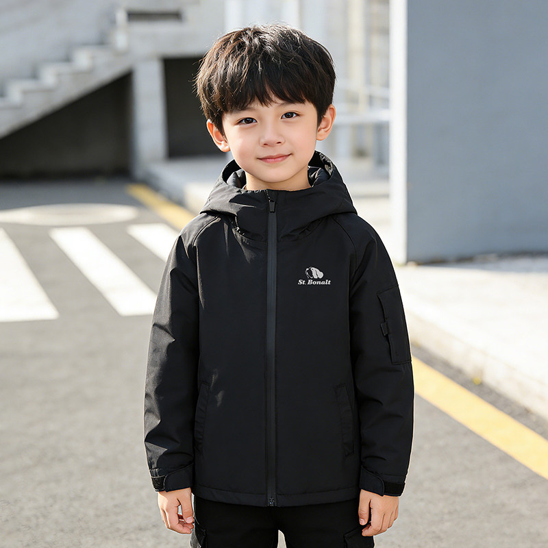 圣伯纳儿童单层薄款运动冲锋衣男女童防水户外薄外套面罩可拆卸