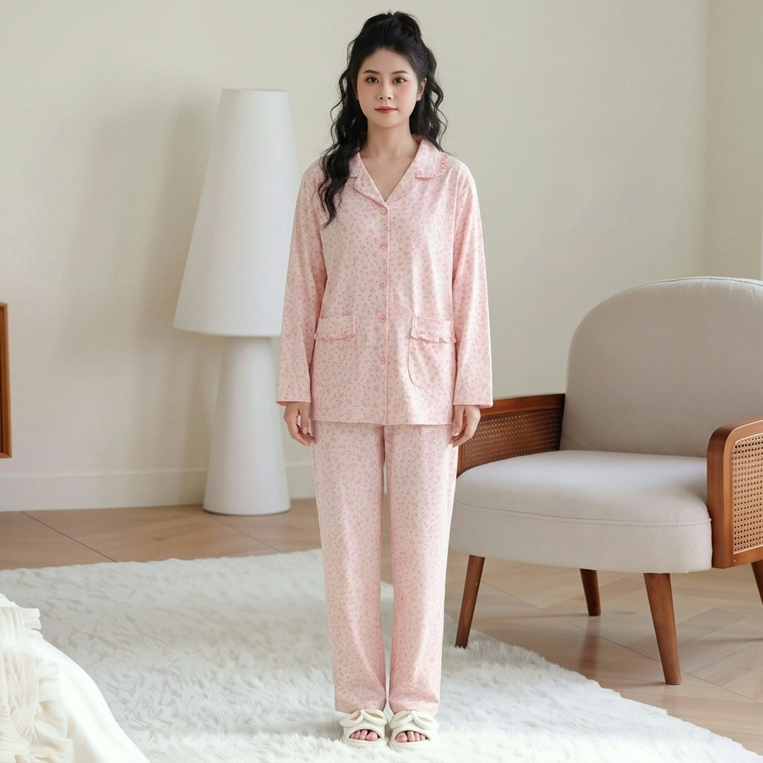 睡衣秋冬纯棉舒适宽松西装领长袖睡衣/家居服套装