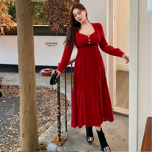 大码女装高级感法式复古红色蕾丝连衣裙新年战袍胖mm圣诞裙2004