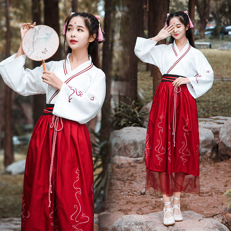 出租新款改良儒裙汉元素汉服女红古装汉服女束腰超仙广袖礼服