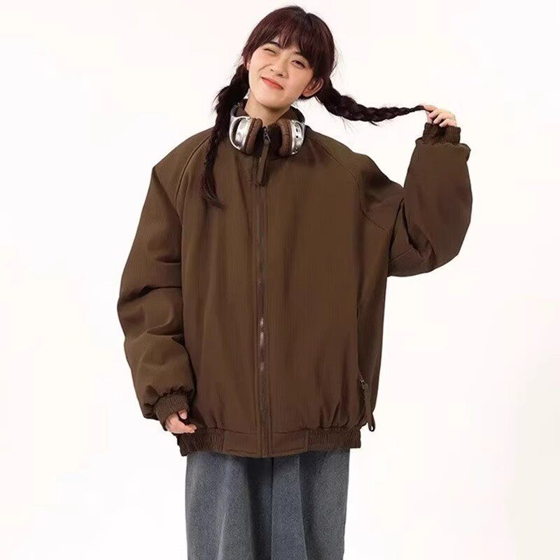 冬季美式复古ins女生棉衣宽松简约百搭立领潮牌港风休闲外套棉服