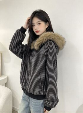 毛领连帽条纹棉服女短款横条纹罗纹下摆秋冬休闲百搭加厚面包服