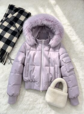 韩版小个子短款棉服女大毛领连帽高腰显瘦冬季加厚保暖面包外套