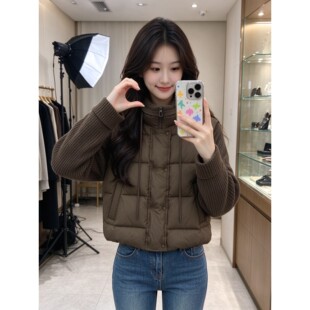 宽松短款立领棉服女针织拼接袖假两件显瘦冬季女士保暖面包外套