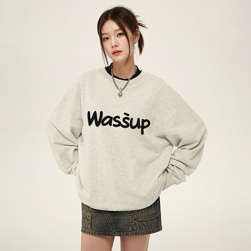 WASSUP国潮牌秋冬季促销加绒款圆领卫衣男女生情侣款重磅宽松百搭