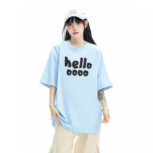 wassup潮牌联名款hallo系列重磅纯棉短袖天蓝色情侣款T恤男女同款