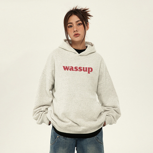 重磅纯棉宽松百搭美式 连帽卫衣男女生情侣款 休闲 款 WASSUP潮牌经典