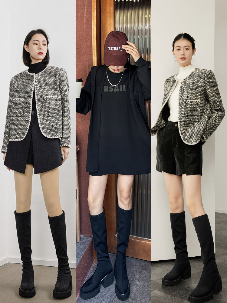 MEIYANG [SPOT] WOMENS GROUP ELASTIC BOOTS BLOCK HIGH HEEL THICK-SOLED HEIGHTENED BOOTS MID-BARREL RIDER BOOTS