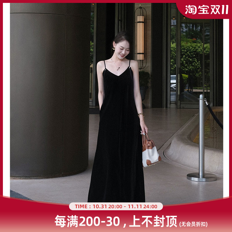 美洋MEIYANG【现货】晚宴丝绒吊带裙 优雅前后两穿V领连衣长裙