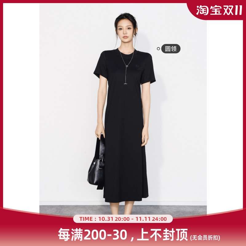 美洋MEIYANG 巴黎夜曲连衣裙 飒柔兼备简约圆领短袖长款刺绣T恤裙