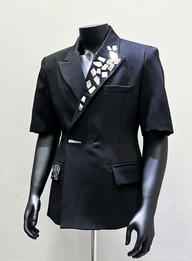 Zachary潮正/夏季短袖黑色西装西装男个性设计感亮片休闲西服外套
