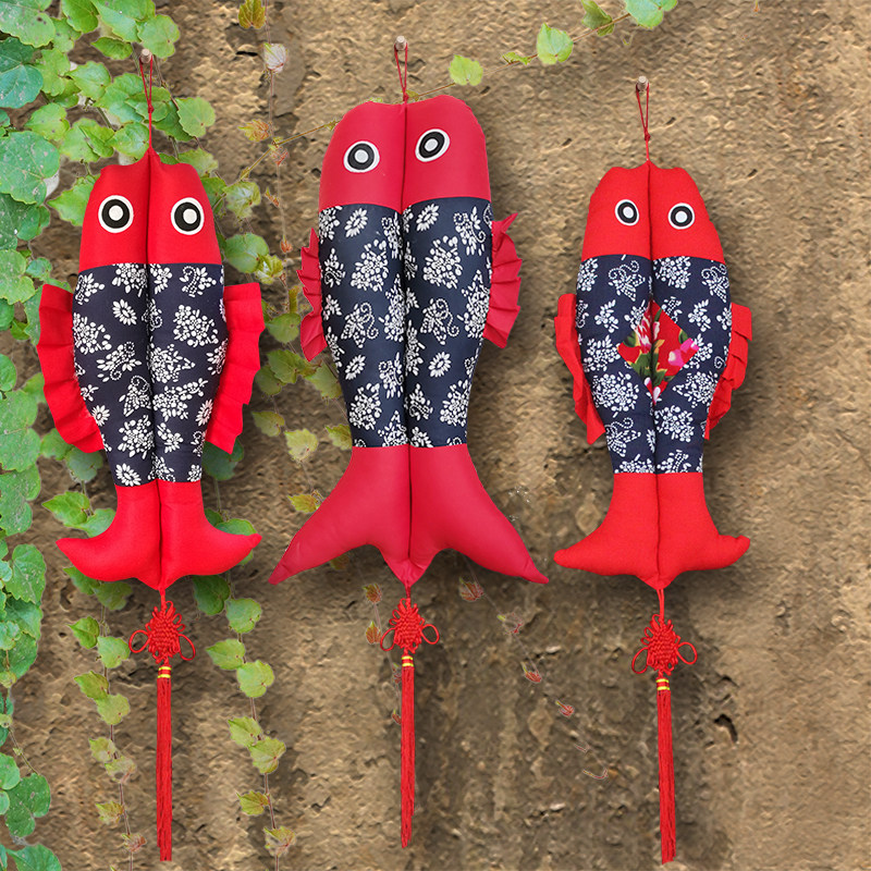 中国结艺布艺鱼挂饰家居客厅玄关装饰挂件古朴蓝印花布手工制作