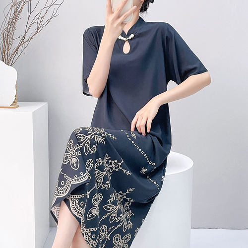 棉绸旗袍夏季女士薄款短袖休闲外穿修身加长人造棉睡袍女旗袍夏天