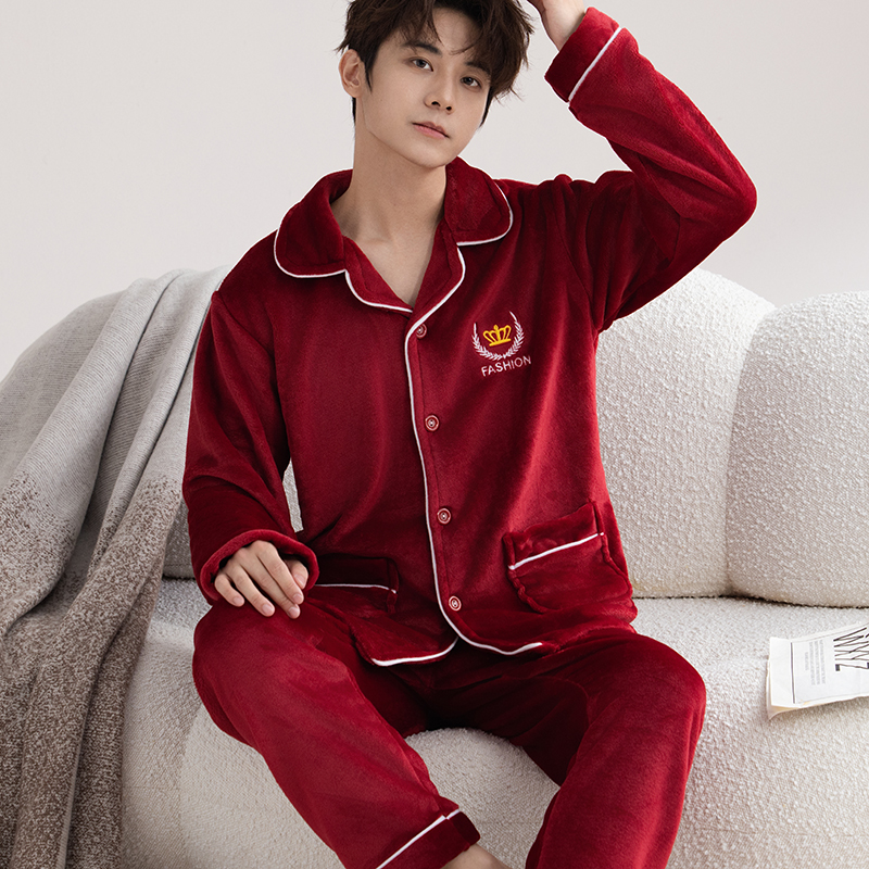 珊瑚绒睡衣男秋冬季加厚加绒家居服套装中老年男人法兰绒睡衣冬季