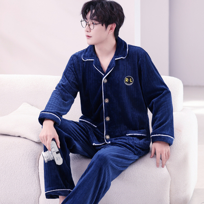 中老年睡衣男秋冬季加厚加绒保暖法兰绒家居服套装双面珊瑚绒睡衣