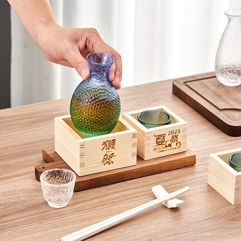 日式木质清酒杯套装木盒木升木杯图片