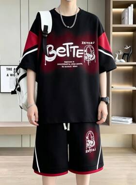 大码新款运动套装男夏季青少年潮流短袖短裤初中高中学生帅气男装