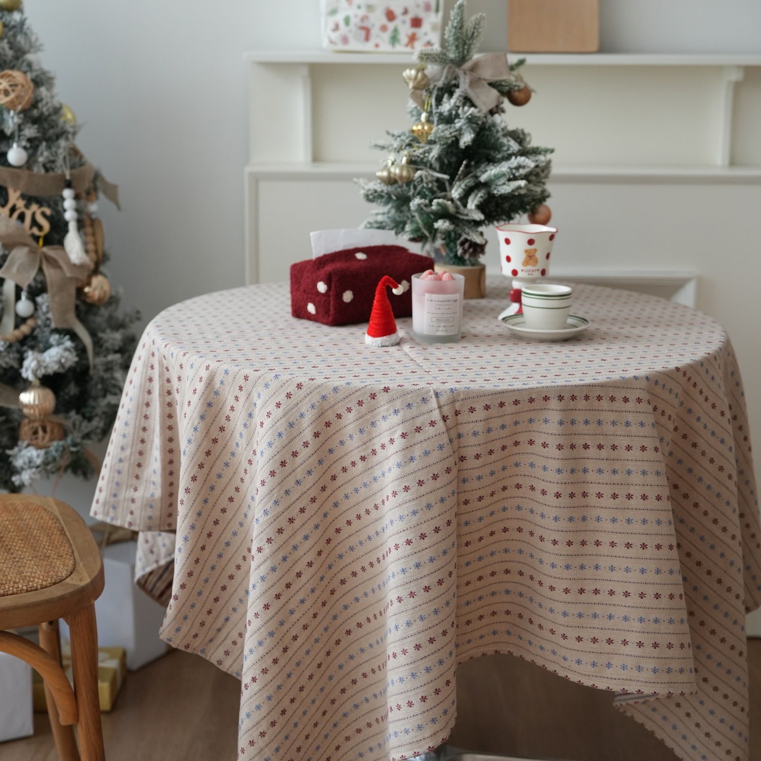 Lomi Blue复古圣诞雪花条纹桌布米色色织提花背景氛围布艺餐桌布