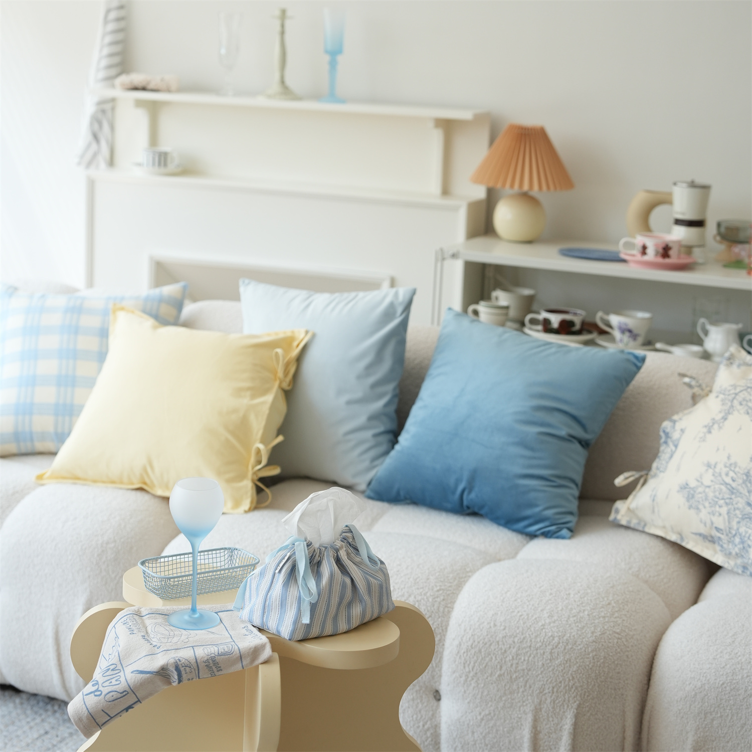 韩式ins风芝士奶黄少女心抱枕套奶蓝格子蓝色系列沙发客厅靠枕