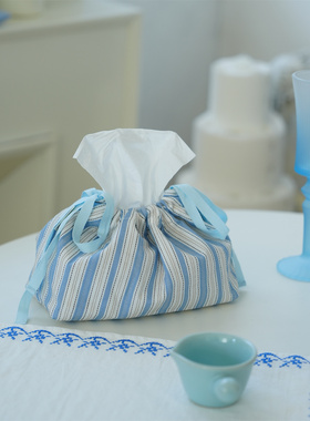 蓝白条纹桌面布艺收纳包ins风抽绳收纳袋多用途纸巾袋系带