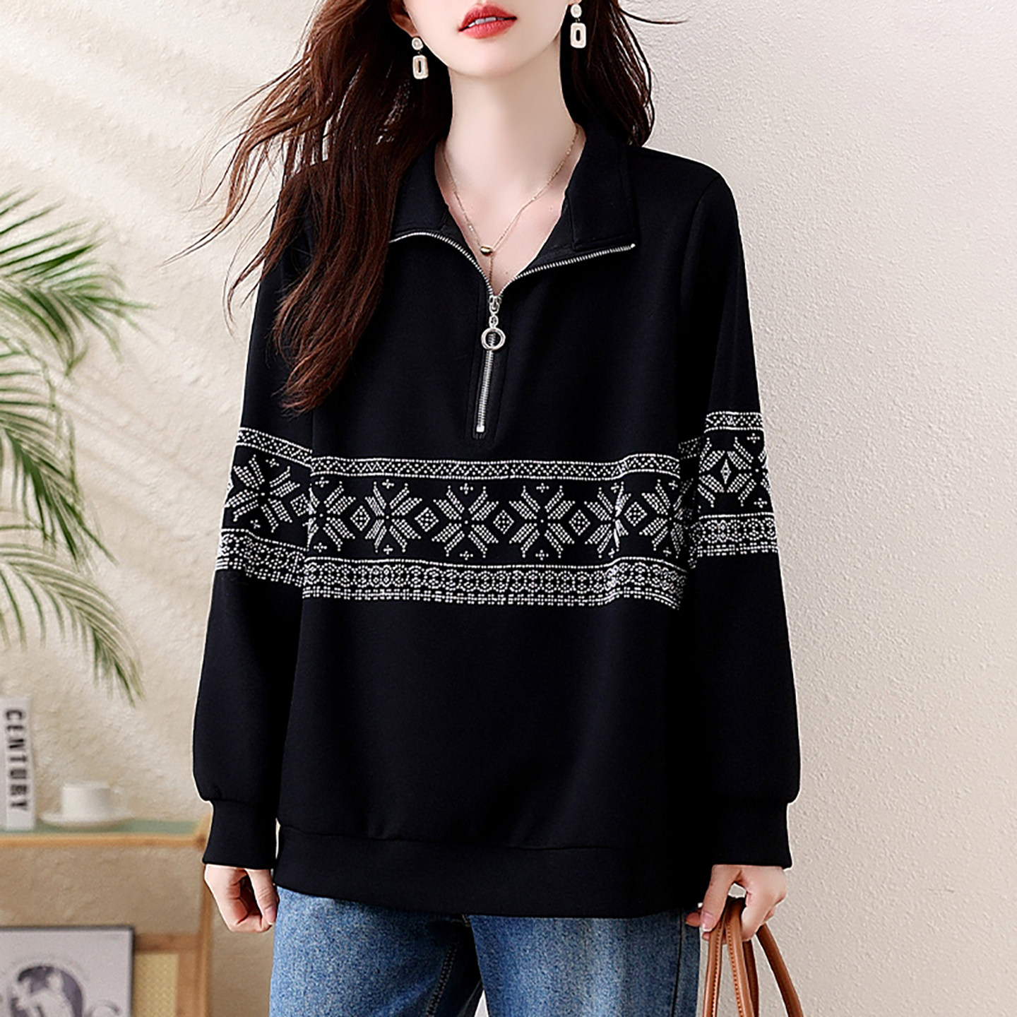 九月陌墨欧货烫钻半拉链长袖上衣秋冬新款翻领大码女装百搭卫衣,女装/女士精品,卫衣/绒衫,淘宝优惠券,粉丝福利购,淘宝优惠卷