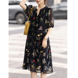 九月陌墨大码 显瘦遮肚雪纺裙 女气质复古V领碎花连衣裙夏2025新款