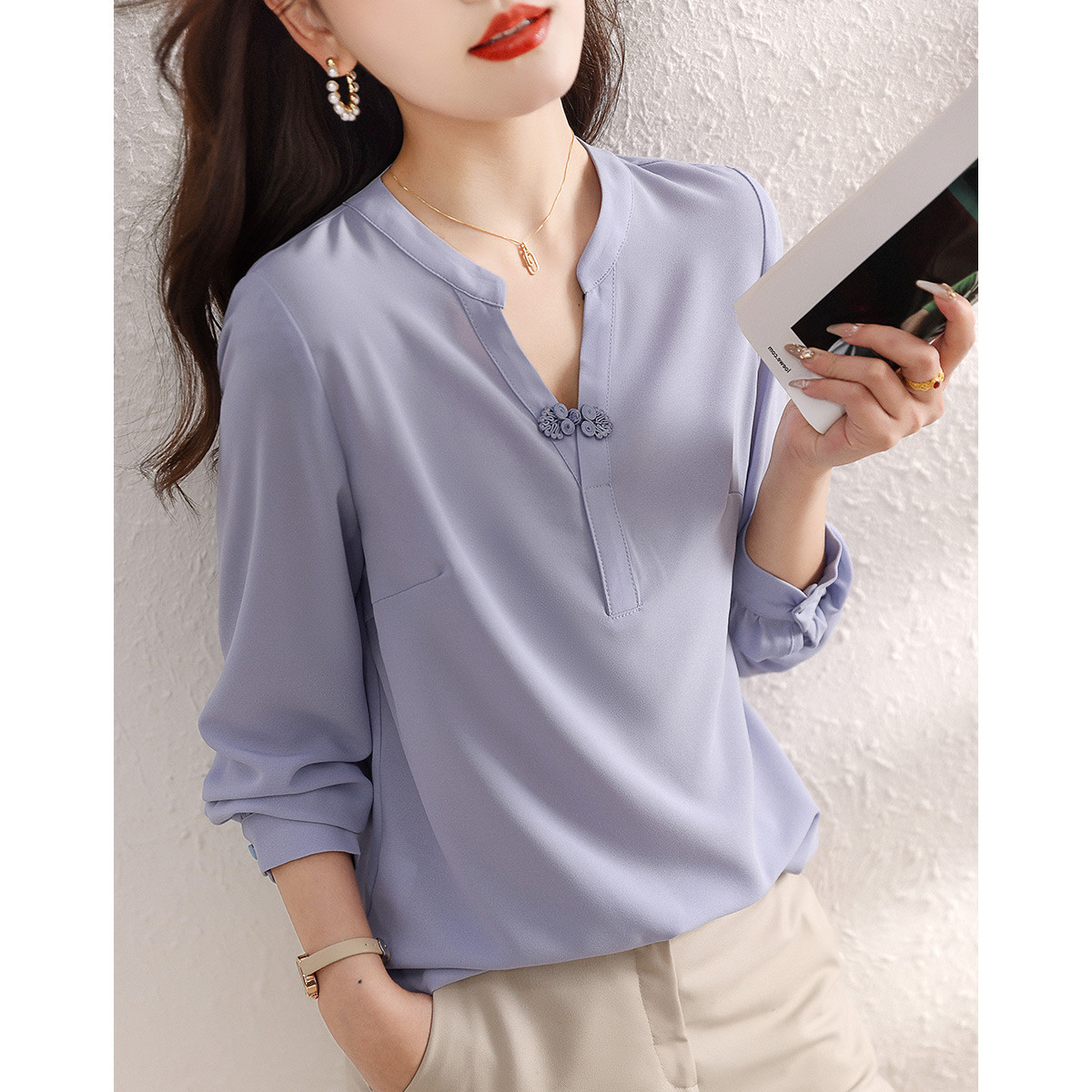 V领雪纺衫小众气质衬衫女
