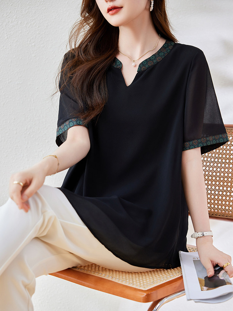 九月陌墨大码复古黑色雪纺印花上衣夏季洋气拼接短袖t恤宽松衬衫