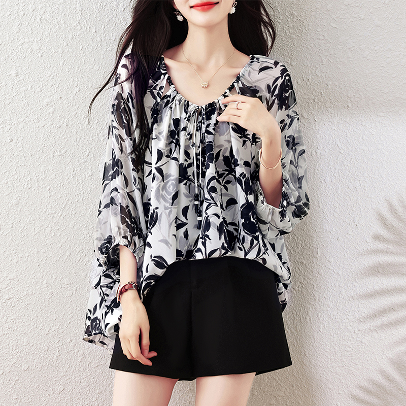 雪纺衫印花系带遮遮肚