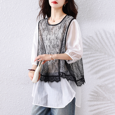 时尚蕾丝假两件T恤女夏