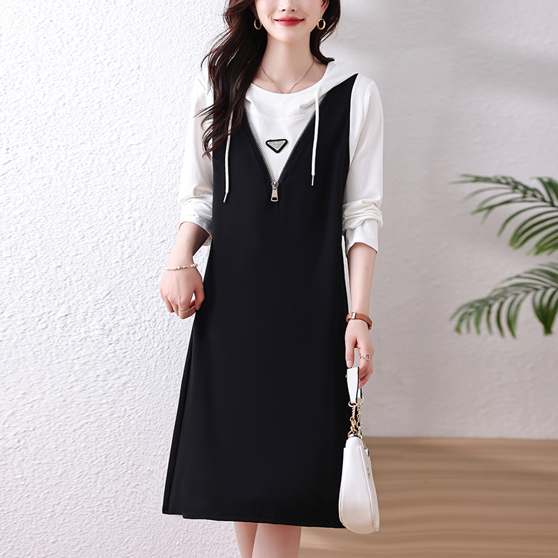 九月陌墨时尚假两件撞色连衣裙