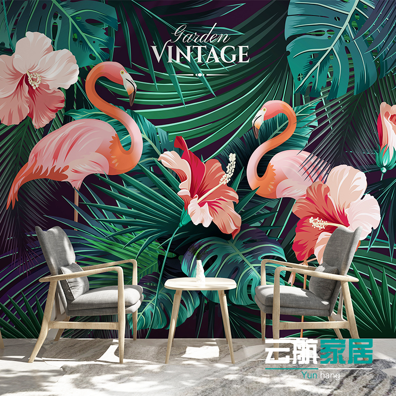 北欧ins简约植物火烈鸟壁纸客厅电视背景墙墙纸卧室无缝墙布壁画