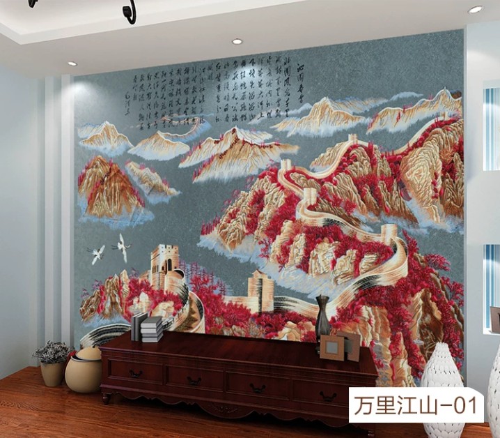 刺绣玄关壁画定做提花无缝墙布