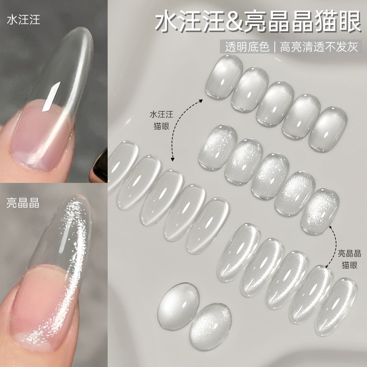 2025年新款百搭清透不发灰水汪汪亮晶晶玻璃珠晶石猫眼甲油胶