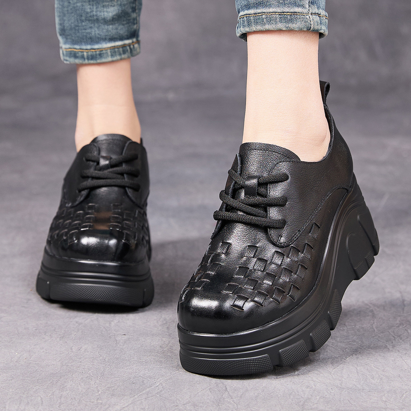 春秋单鞋真皮复古厚底深口系带圆头透气编织百搭舒适英伦休闲女鞋,女鞋,深口单鞋,淘宝优惠券,粉丝福利购,淘宝优惠卷