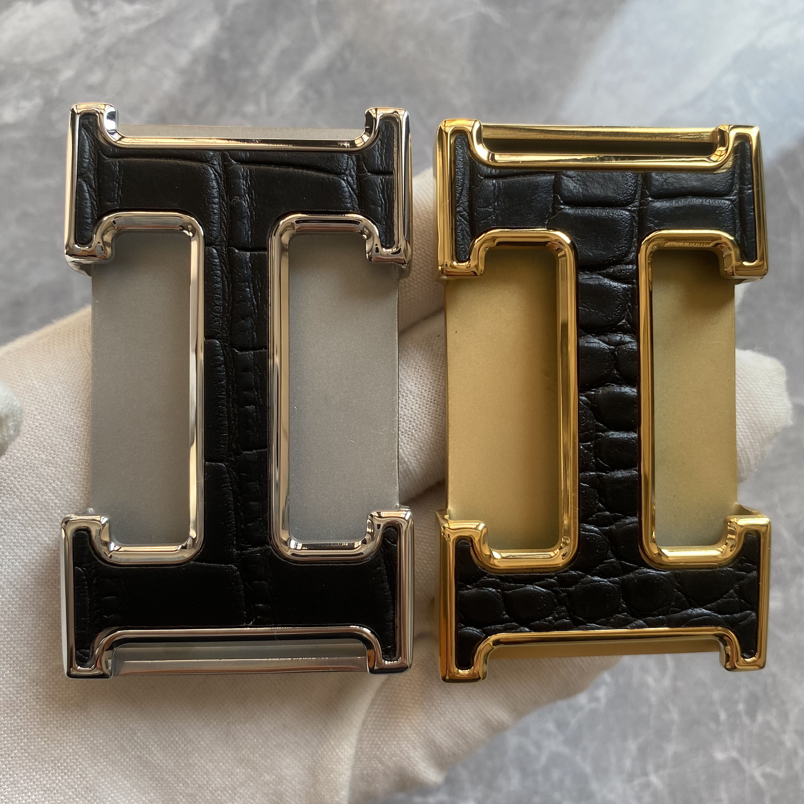 鳄鱼纹板扣男士皮带扣头内穿不锈钢字母平滑扣H裤腰带头3.8 3.5CM