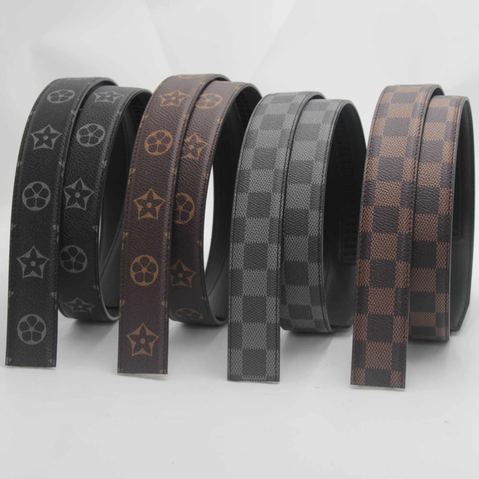 无头皮带男士自动扣真皮腰带身 头层牛皮棋盘格不带头裤带条3.4cm