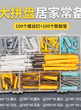 家用不锈钢自攻螺丝套装 200只混装加长膨胀螺丝套装钉子膨胀管栓