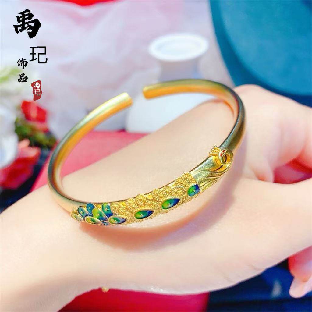 金店同款高保色古法沙金孔雀开口手镯珐琅工艺花丝孔雀手环女