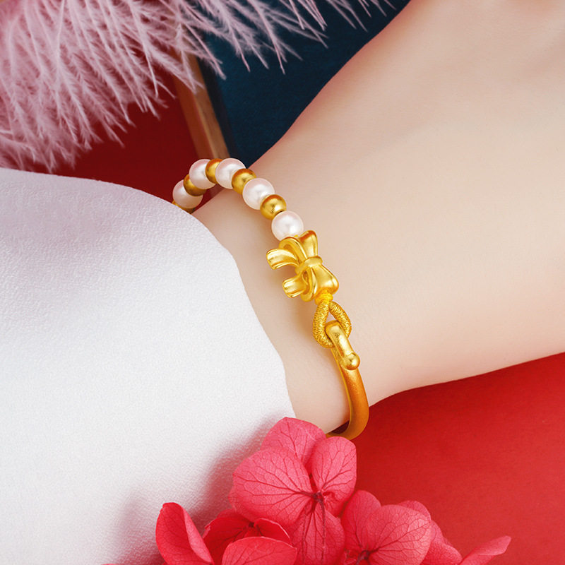 古风蝴蝶结半镯越南沙金民族风仿珍珠铃兰花手镯仿黄金古法金工艺