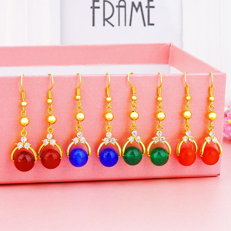 越南沙金女士路路通宝石耳坠 厂家直销黄铜镀黄金转&运珠流苏耳环