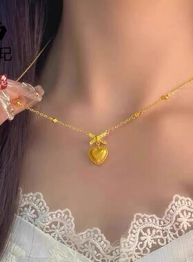 金店同款古法沙金在逃公主蝴蝶结爱心项链时尚小众设计百搭锁骨链