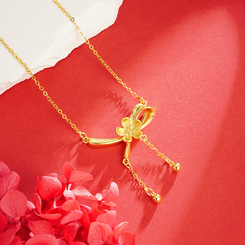 沙金花朵蝴蝶结项链丝带仿黄金流苏饰品小众轻奢百搭气质女款项链
