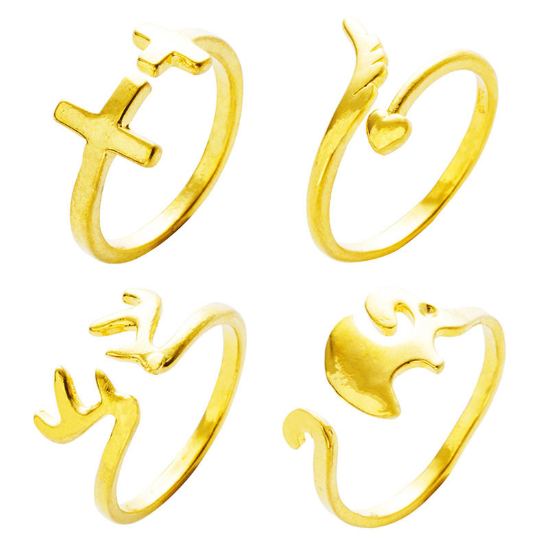 久不掉色越南沙金小鹿角开口戒指 欧币金桃心秀气十字架指环女