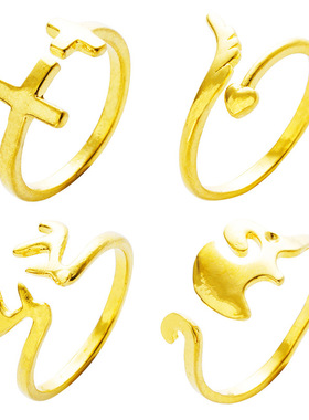 久不掉色越南沙金小鹿角开口戒指 欧币金桃心秀气十字架指环女