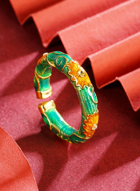 古法国风越南沙金珐琅滴油碧绿太阳花开口戒指民族风彩绘饰品