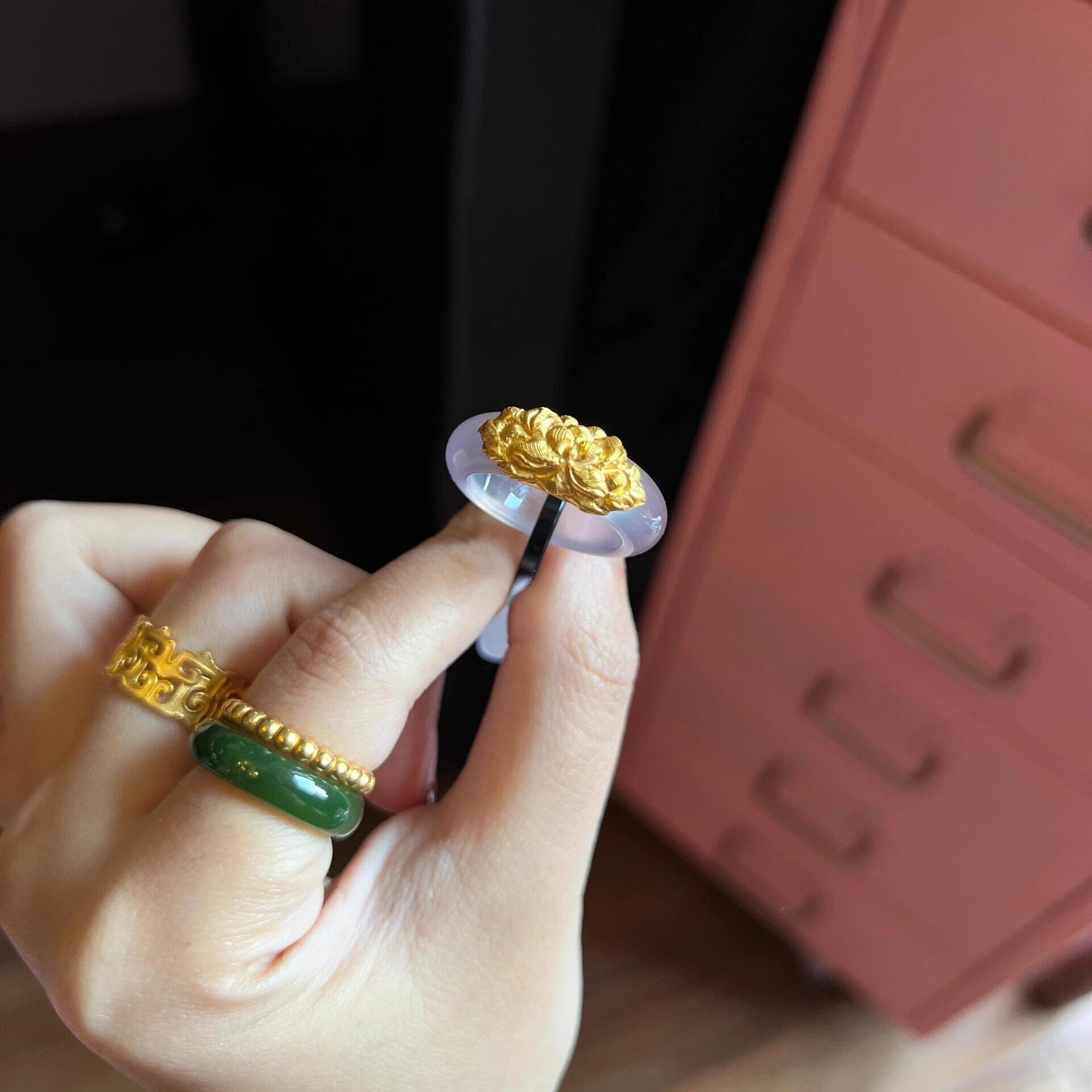 古法黄金色珐琅素圈玉戒指冰透仿和田玉复古国风男女小众设计指环