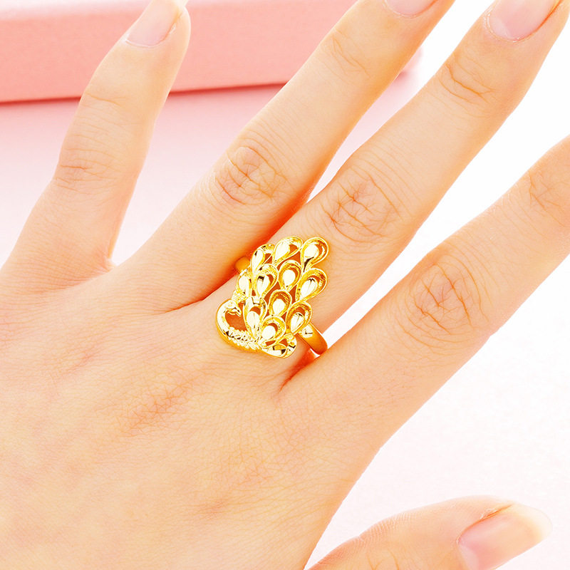 仿3D硬黄金孔雀开口女款戒指 镀金饰品 韩版时尚沙金欧币指环