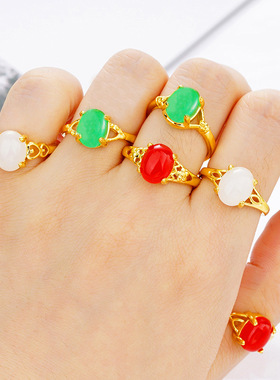 越南沙金饰品 镶锆石马来玉镀金开口戒指女 锆石戒指节日送礼物