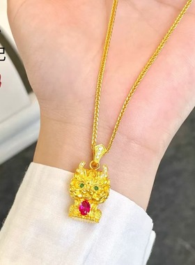 金店同款古法沙金麒麟献瑞吊坠新中式镶钻瑞兽铜镀金项链女士